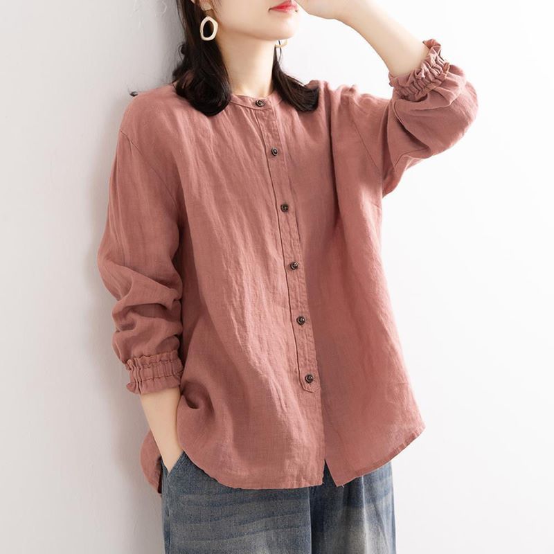 綿麻 シャツ レディース バンドカラー ブラウス 長袖 チュニック リネン シャツ トップス ゆったり 大きいサイズ 春 夏 秋 プルオーバー 前開き 無地 ナチュラル 柔らかい 通気性 カジュアル
