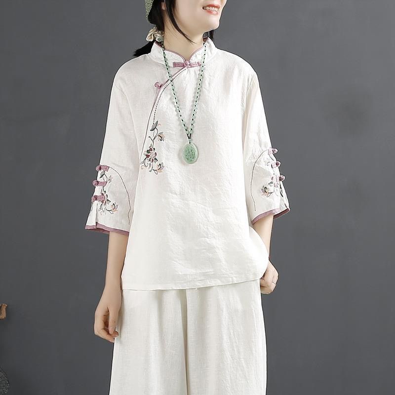 チャイナ服 レディース ブラウス 七分袖 刺繍 花柄 チャイナボタン 綿麻 立ち襟 涼しい シャツ ゆったり 春 夏 秋 民族衣装 トップス レトロ カジュアル チュニック 民族風 体型カバー 通気