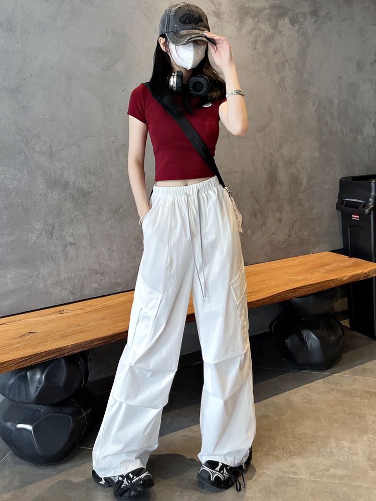 カーゴパンツ パラシュートパンツ レディース ワイドパンツ ハイウエスト ウエストゴム 裾絞り 薄手 涼しい 速乾 ボトムス カジュアル ストリート ダンス Y2K ファッション ヒップホップ ワーク