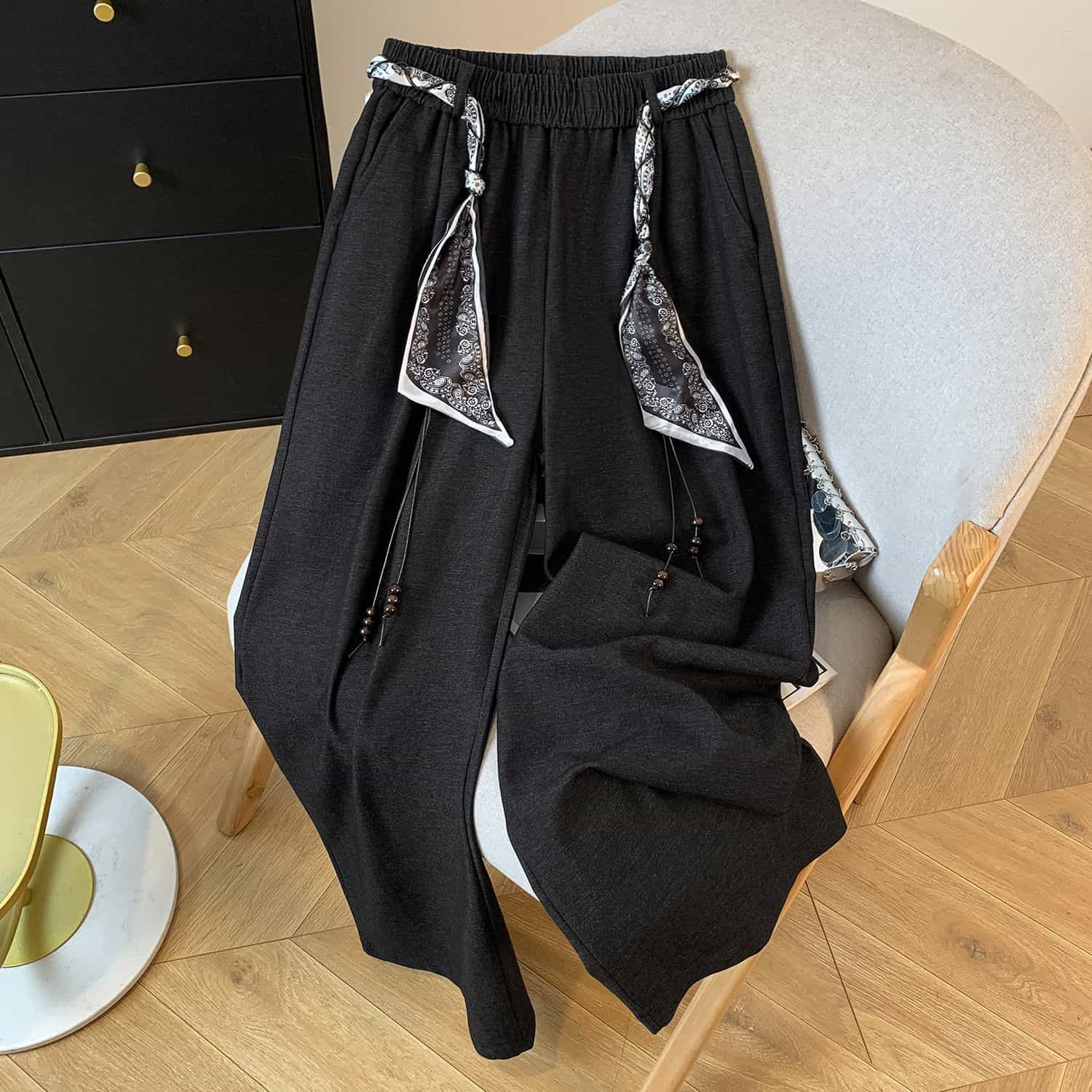 ワイドパンツ レディース ハイウエスト 落ち感 スカーフ付き ストレートパンツ きれいめ さらさら 涼しい ガウチョパンツ カジュアル 通勤 春 夏 秋