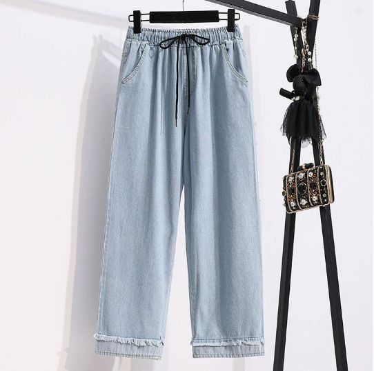 デニムパンツ レディース ワイドパンツ ジーンズ ライトブルー ウエストゴム 紐付き フリンジ カットオフ ハイウエスト ストレート ゆったり 楽ちん 美脚 着痩せ カジュアル 春 夏 秋 通学 通勤 4,604円