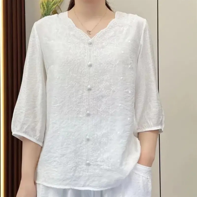 ブラウス レディース Vネック 刺繍 レース 七分袖 綿 麻 ピング トップス カジュアル 大人 可愛い 夏服