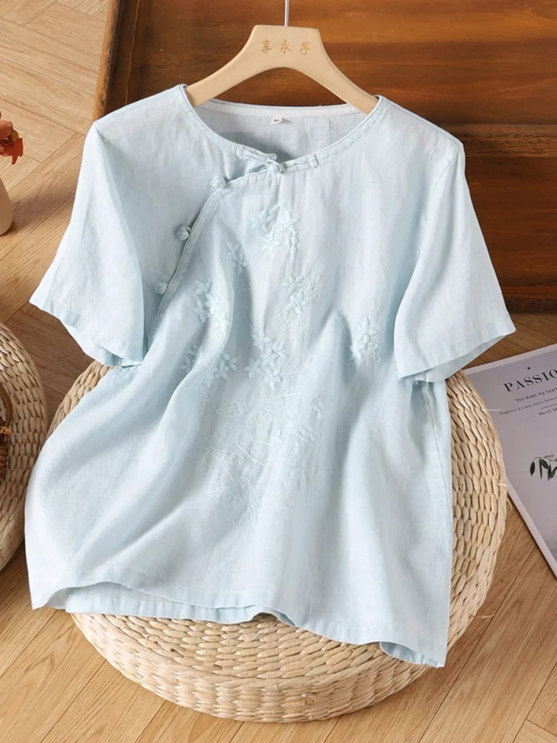 レディース 刺繍 麻 リネン 半袖 ゆったり 夏 涼しい チャイナボタン トップス ナチュラル 50代 60代 体型カバー 民族調 丸襟 シャツ 春夏 薄手 カジュアル 普段着 お洒落