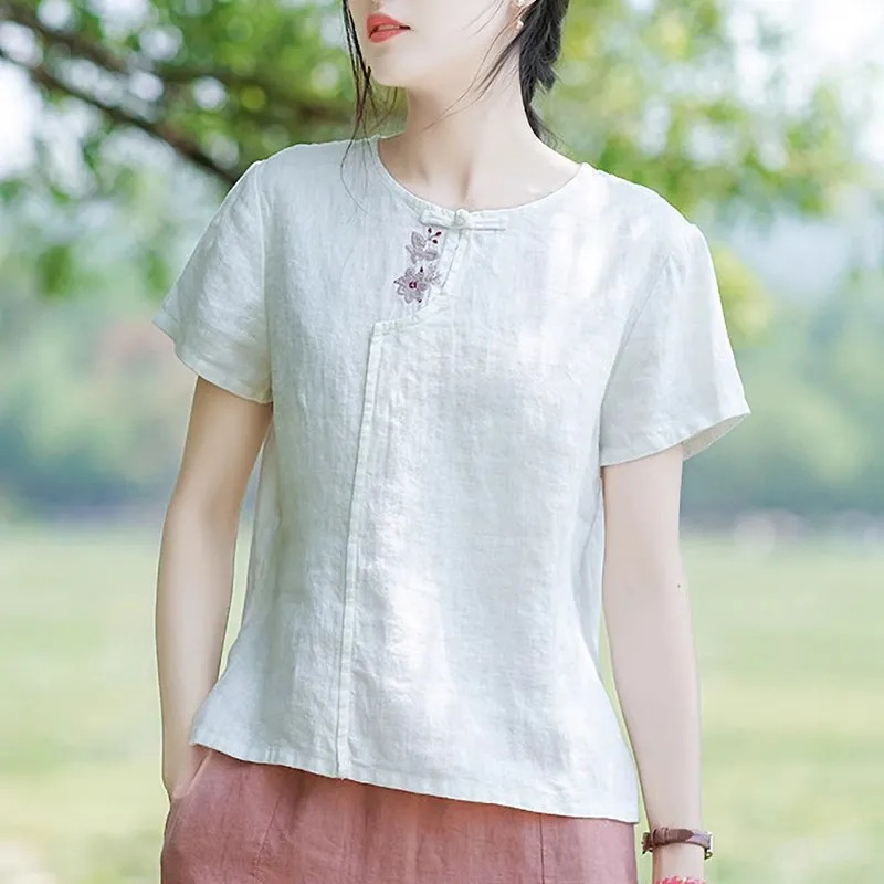 リネン ブラウス レディース チャイナ服 トップス 半袖 綿麻 刺繍 シャツ ゆったり 襟付き チャイナボタン 民族風 涼しい 夏服 30代 40代 50代 ナチュラル お洒落 体型カバー 春夏
