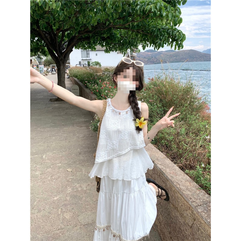 レース ベスト レディース ノースリーブ トップス クロシェ 透かし編み レイヤード フリル ティアード 重ね着 大人可愛い おしゃれ カジュアル 夏 春 ゆったり 体型カバー きれいめ 4,260円