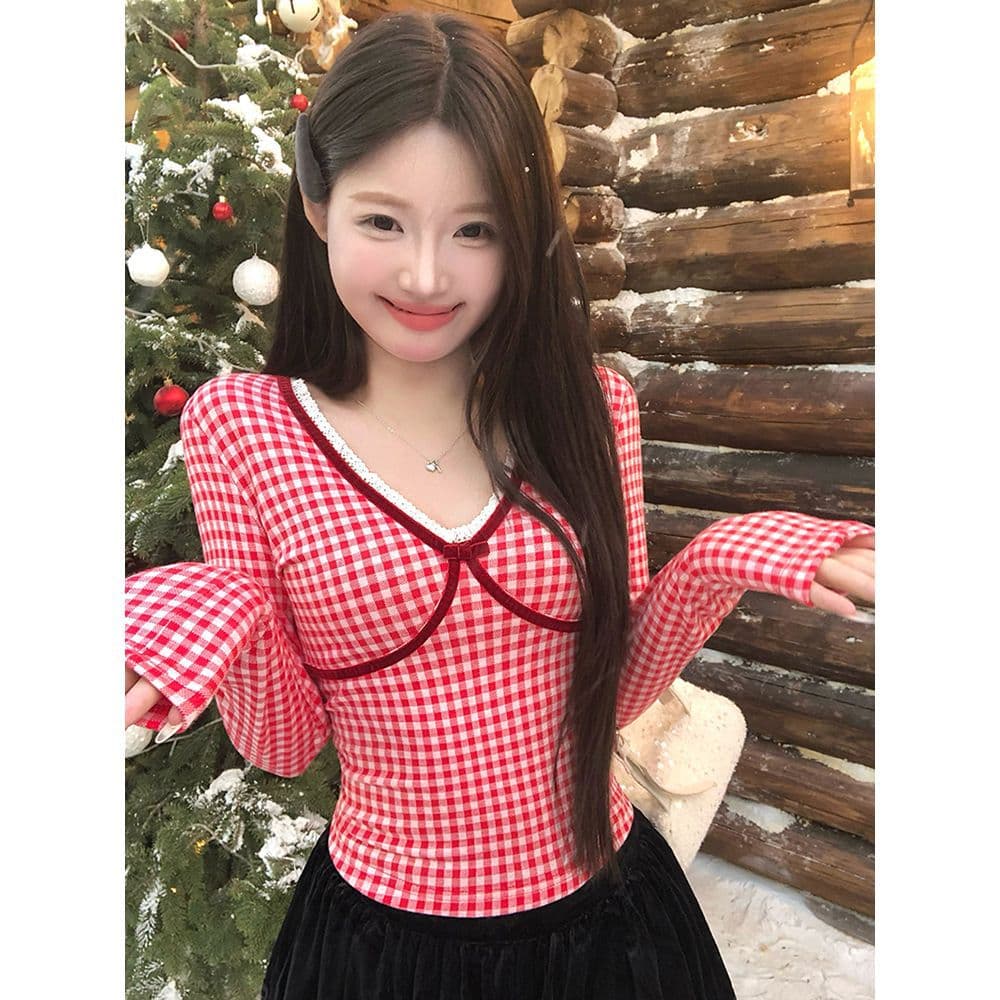 シャツ トップス レディース ギンガムチェック Vネック レース フリル 可愛い ガーリー フェミニン 春 秋 冬 重ね着 スリム 伸縮性 清潔感 カジュアル リボン イエロー