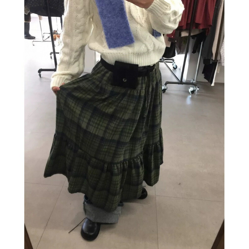 ロングスカート レディース チェック柄 マキシスカート ティアード Aライン 春 秋 冬 カジュアル ゆったり 体型カバー 大人 可愛い ロング丈 ウエストゴム グリーン ブラック
