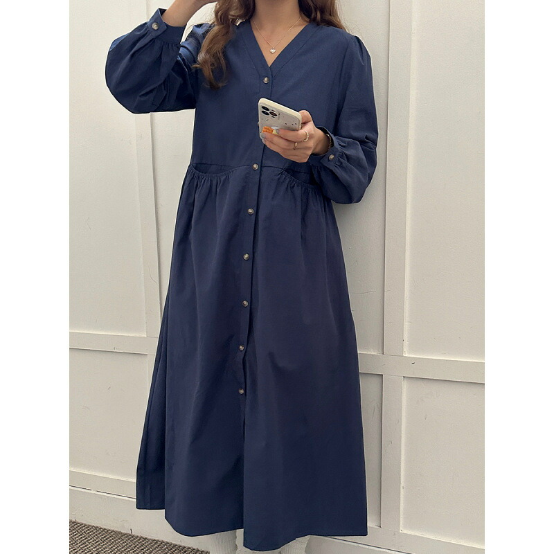 ワンピース レディース ロング Vネック 前開き シャツワンピース ウエストマーク 長袖 ぽわん袖 Aライン きれいめ カジュアル 体型カバー 春 秋 ベージュ