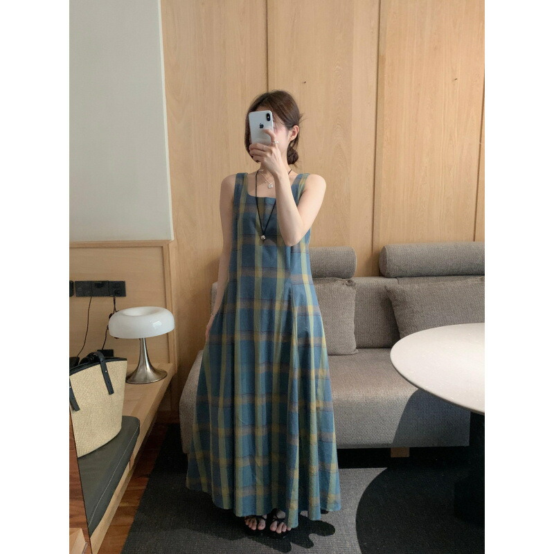 ジャンパースカート レディース 森ガール ロング丈 チェック柄 Aライン ふんわり ヴィンテージ ワンピース 夏用 涼しい ナチュラル レトロ 格子柄 スクエアネック ブルー