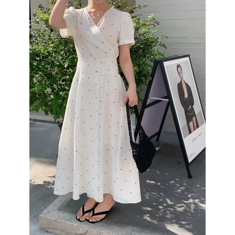 ロングワンピース ドット柄 カシュクールワンピース フランス風 Vネック 半袖 Aライン ハイウエスト 着痩せ きれいめ 上品 清楚 お呼ばれ デート 春 夏 ネイビー