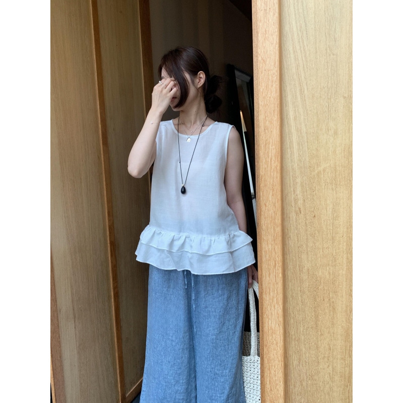 ブラウス ノースリーブ レディース 夏服 大人可愛い 裾フリル 二段 ティアード トップス リネン混 綿麻 涼しい 体型カバー ゆったり ピーコックブルー