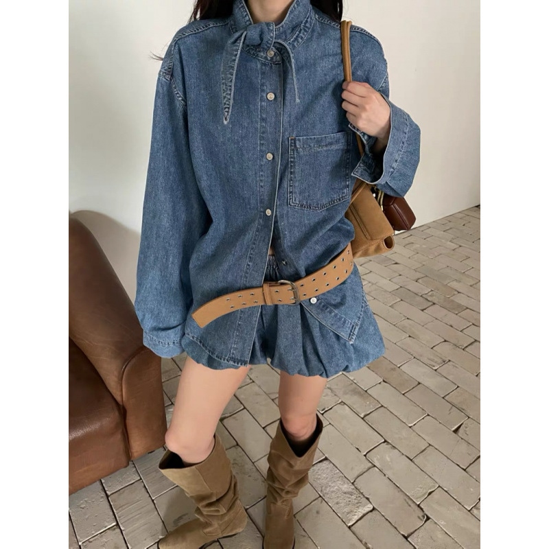 デニム セットアップ レディース 襟付き リボン デニムシャツ かぼちゃパンツ 2点セット ヴィンテージ風 上下セット バルーンパンツ カジュアル 春 秋 ブルー｜Nartooston