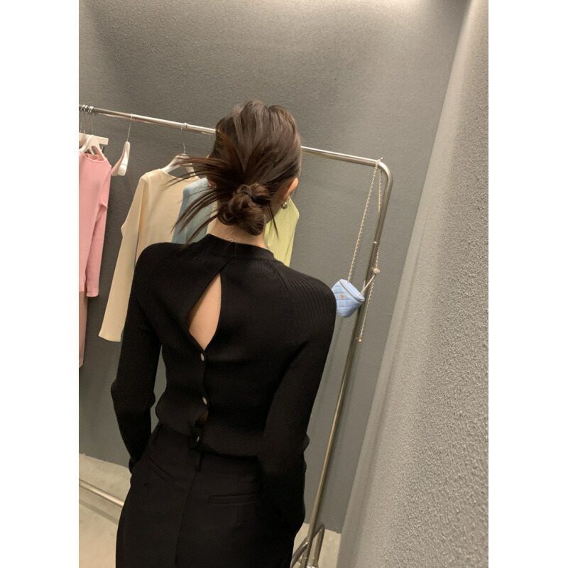リブニット レディース セーター ハイネック バックシャン 背中あき もちもち トップス インナー タイト 長袖 無地 秋 冬 ブラック