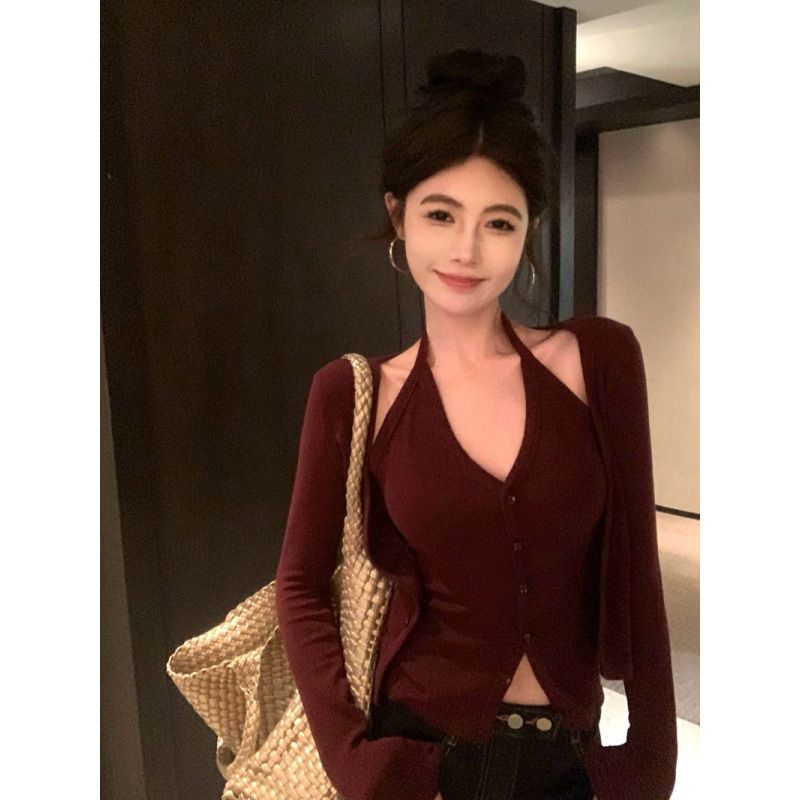 ニット トップス レディース ホルターネック アンサンブル風 重ね着風 長袖 セクシー きれいめ Vネック ボタン タイト 着痩せ 春 秋 冬 ワインレッド