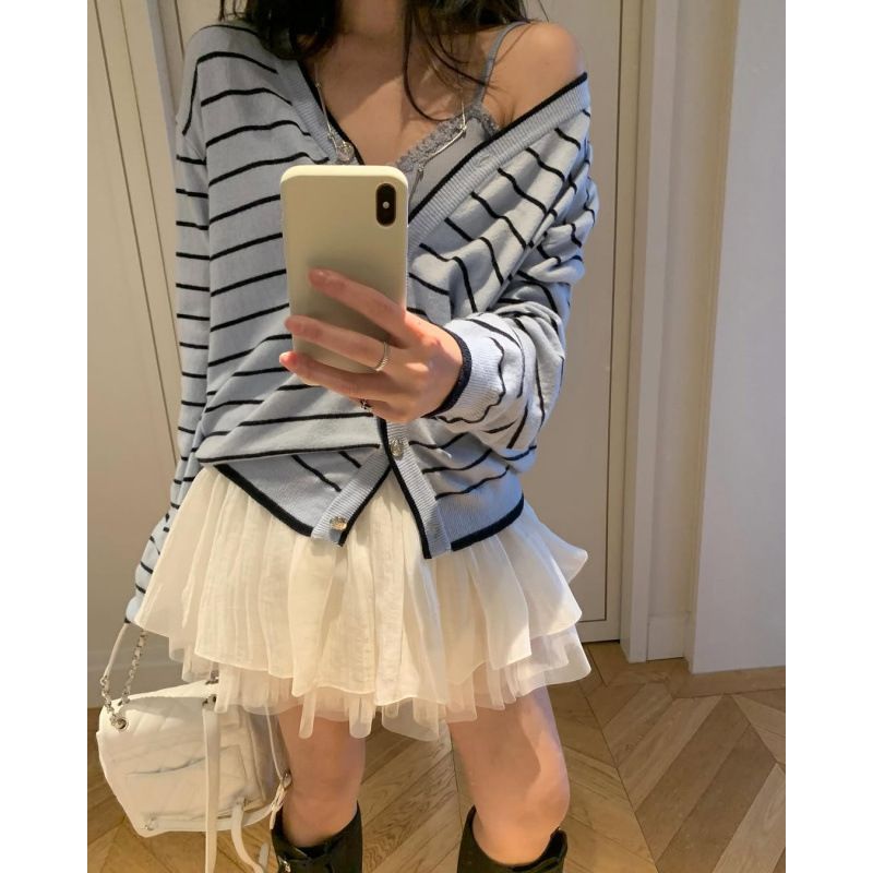 カーディガン レディース ボーダー Vネック 学院風 ゆったり 春 秋 薄手 ニット セーター 羽織り 長袖 シンプル カジュアル トップス 防寒 冷房対策 縞々 青 ブルー