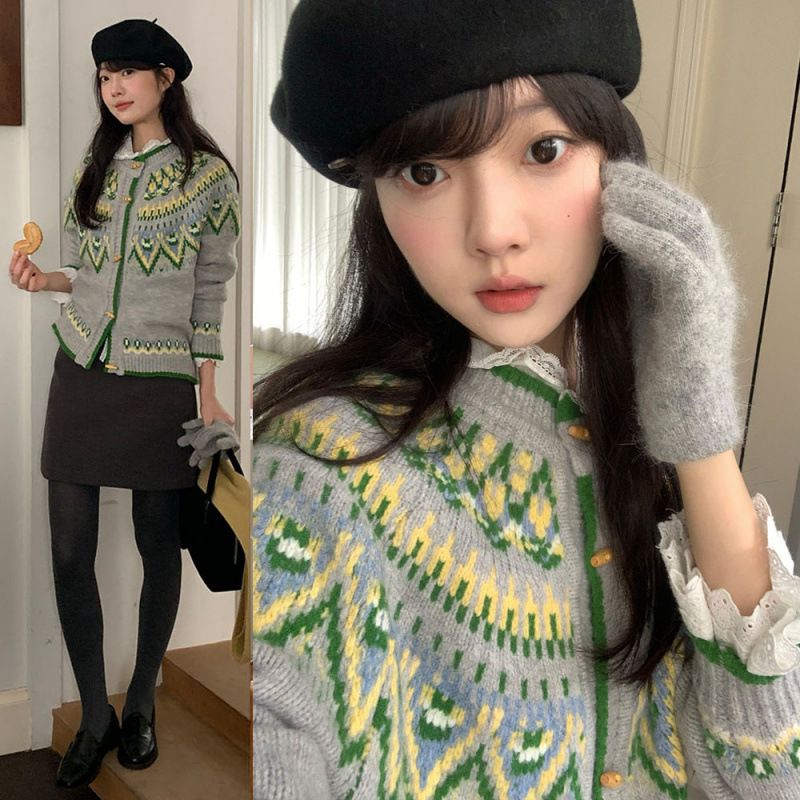 カーディガン レディース フェアアイル 柄 ニット セーター トップス クルーネック ダッフル ボタン ニットカーディガン 森ガール 秋冬 厚手 長袖 ふわふわ レトロ ヴィンテージ きれいめ ゆった
