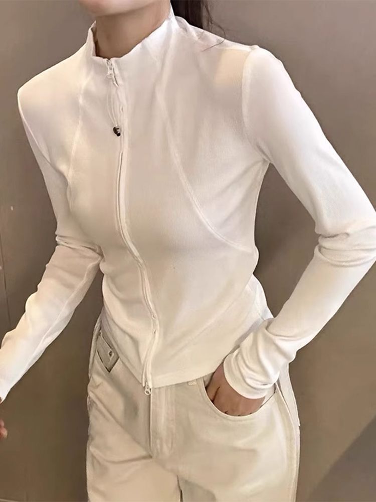 レディース トップス 長袖 ダブルジップ スリム タイト ハイネック スタンドカラー 杏色 伸縮性 ストレッチ ファッション Y2K おしゃれ カジュアル きれいめ 無地 春 秋 冬 部屋着 ヨガウェ