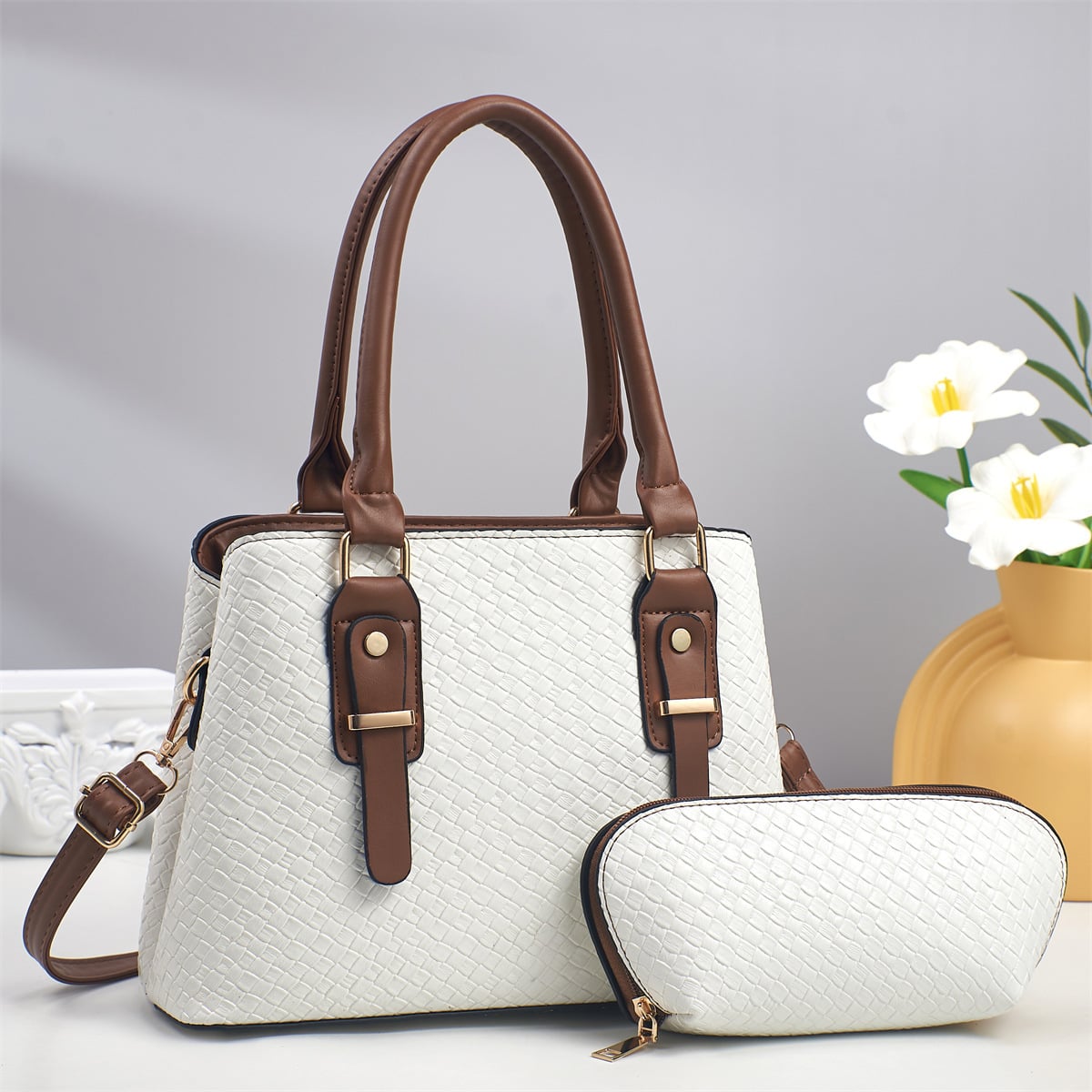ハンドバッグ レディース トートバッグ 2way ショルダーバッグ 編み込み イントレチャート 手提げ カバン 斜めがけ 肩掛け ポーチ付き 2点セット 通勤 通学 ビジネス お出かけ 冠婚葬祭 きれ