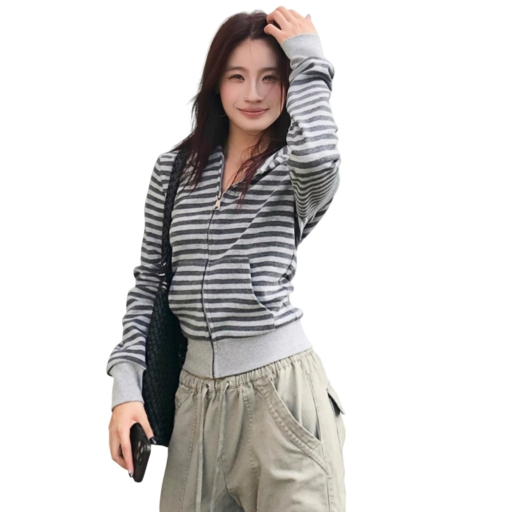 パーカー レディース ジップアップ ボーダー ショート丈 タイト ファッション 秋服 フーディー ライトアウター 長袖 羽織り きれいめ 大人 カジュアル 部屋着 Ｙ２Ｋ 痩せ見え スタイルアップ 上