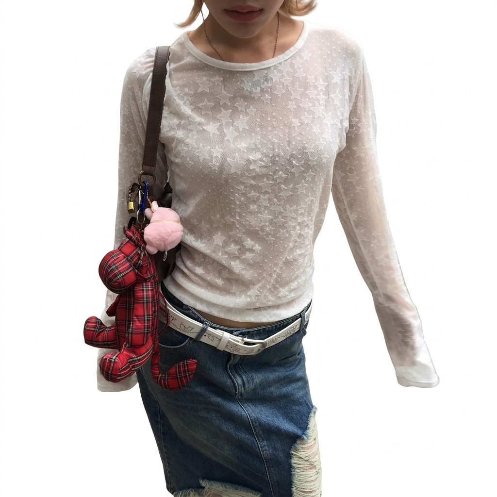 シアー トップス レディース 長袖 星柄 カットソー クルーネック メッシュ 透け感 ｔシャツ 重ね着 インナー ｙ２ｋ ストリート 地雷系 カジュアル 春 秋 柔らかい お洒落 上着 ロンｔ