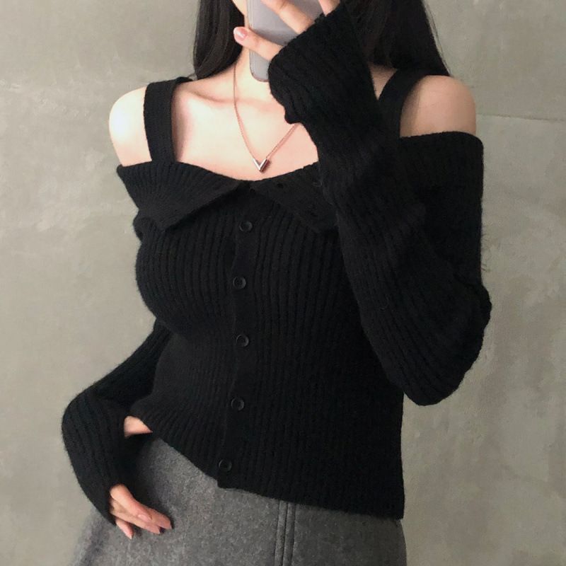 カーディガン トップス 長袖 オフショル カットアウトショルダー リブ ニット フィンガーホール セクシー 可愛い 春 秋 カジュアル 抜け感 カーデ 長袖トップス 羽織り 細見え 伸縮 ストレッチ