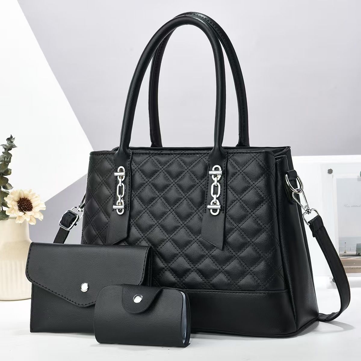 ハンドバッグ レディース トートバッグ ショルダーバッグ 3点セット キルティング 大容量 斜めがけ ブラック きれいめ 上品 2way 通勤 通学 鞄 自立 フォーマル 入園式 入学式 冠婚葬祭 お
