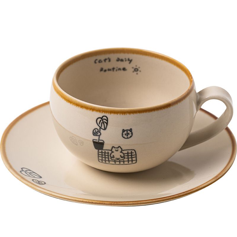 ティーカップ ソーサー セット 猫 陶器 水やり 北欧 レトロ コーヒーカップ おしゃれ かわいい ほっこり ゆるかわ カフェ食器 250ml 来客用 贈り物 ギフト プレゼント ティータイム 癒やし