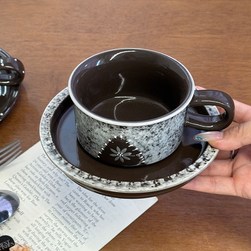 コーヒーカップ マグカップ カップ&ソーサー セット レトロ ドット柄 水玉 陶器 おしゃれ 250ml チョコレート ブラウン カフェ 風 アンティーク 食器 来客用 ギフト ぽってり かわいい テ