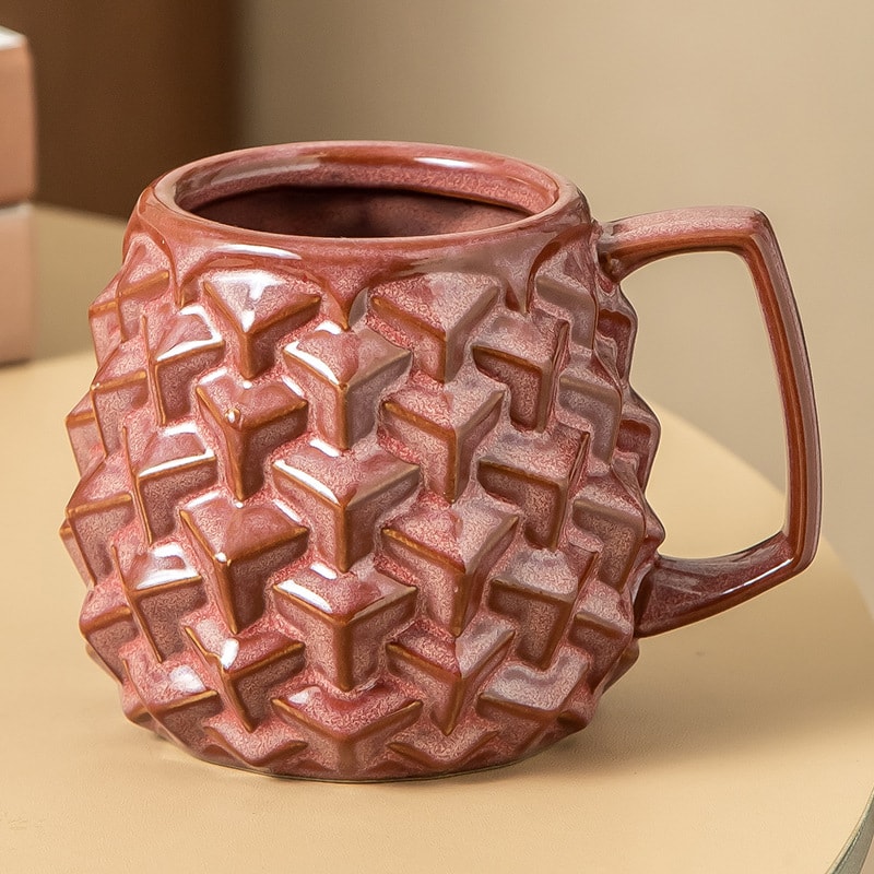 マグカップ 陶器 コーヒーカップ おしゃれ 3D立体 幾何学模様 ヴィンテージ風 北欧 大きい カップ コップ カフェ風 贈り物 プレゼント 来客用 電子レンジ対応 耐熱 凹凸 デザイン インテリア