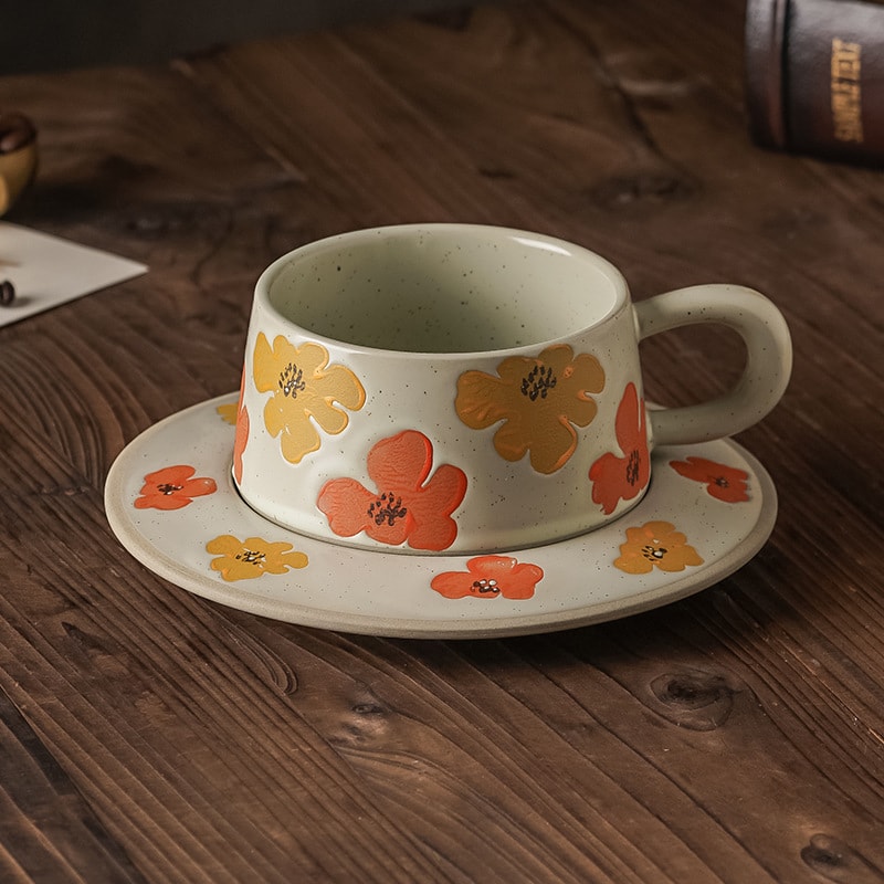 コーヒーカップ ソーサー セット 陶器 花柄 北欧 レトロ アンティーク ほっこり カフェ マグカップ 来客用 誕生日 プレゼント 女性 お洒落 ティータイム 食器 ギフト 1客 可愛い ハンドメイド