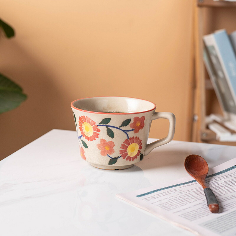 手描き ひまわり マグカップ 円形 花柄 カフェ風 アンティーク お洒落 陶器 セラミック コーヒー ティー 家庭用 事務室 休憩 贈り物 雑貨 陶磁器 レトロ デザイン 持ち手付き インテリア ティ