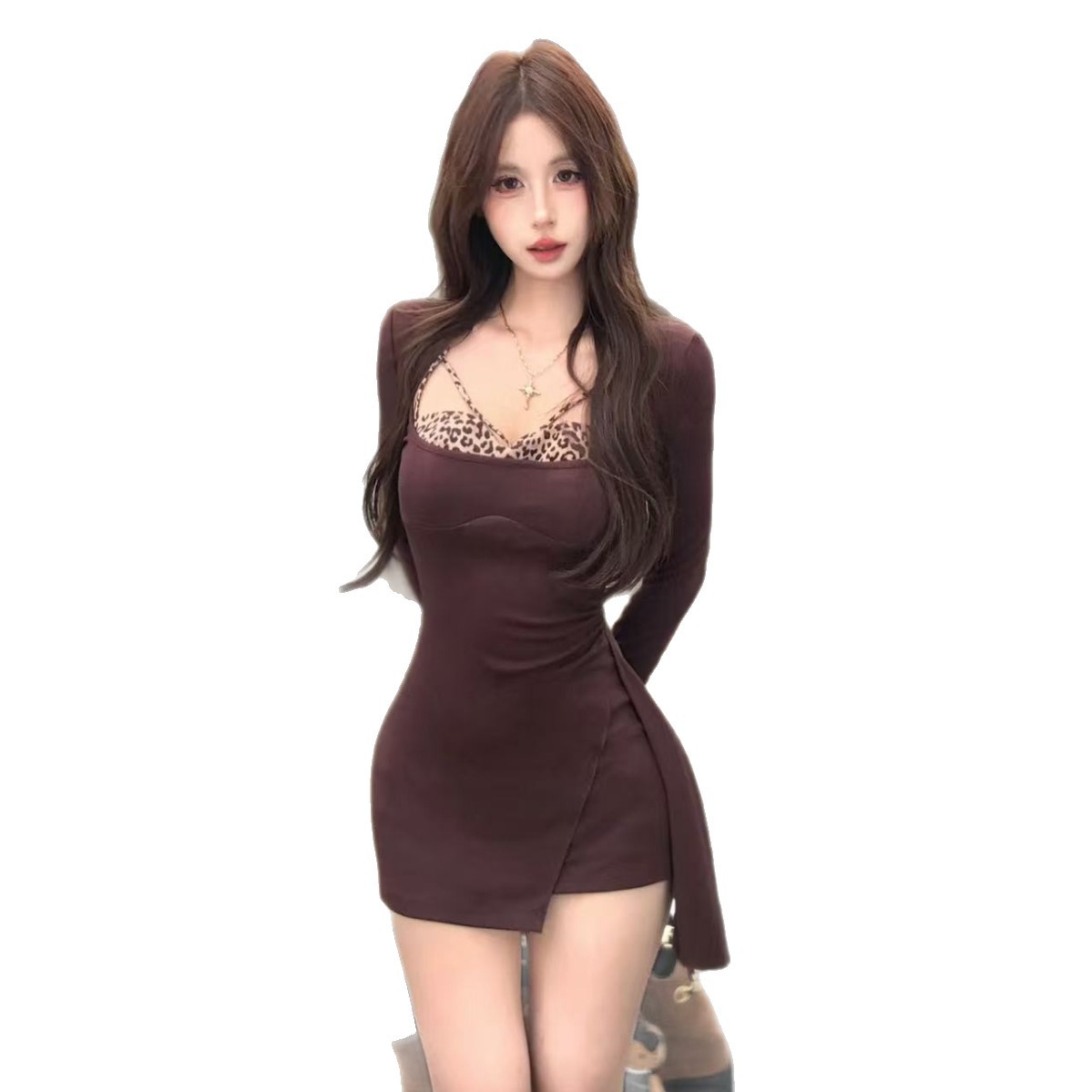 ワンピース ミニ丈 レディース タイト セクシー 長袖 ボディライン 着痩せ レイヤード風 ヒョウ柄 パーティー デート クラブ 伸縮性 ワンピ 無地 フェイクレイヤード スリム チュニック タイトワ