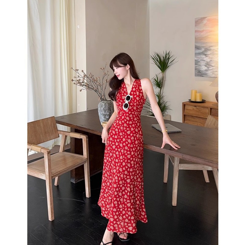ワンピース レディース サマー リゾート ロング丈 Vネック 小花柄 フレンチスリーブ バックシャン ノースリーブ フレンチスタイル フレアスカート 可愛い エレガント 夏 女性用 カジュアル きれい