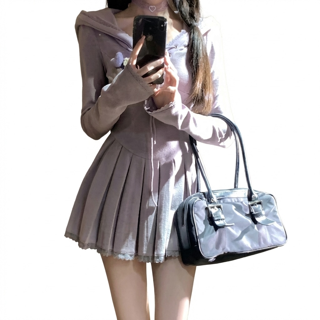 フーディーワンピース レディース ミニ丈 長袖 プリーツ スカート ハイウエスト 着痩せ フレンチガーリー Aライン レース リボン フェミニン お洒落 カジュアル 可愛い デート 春 秋 膝上 スタ