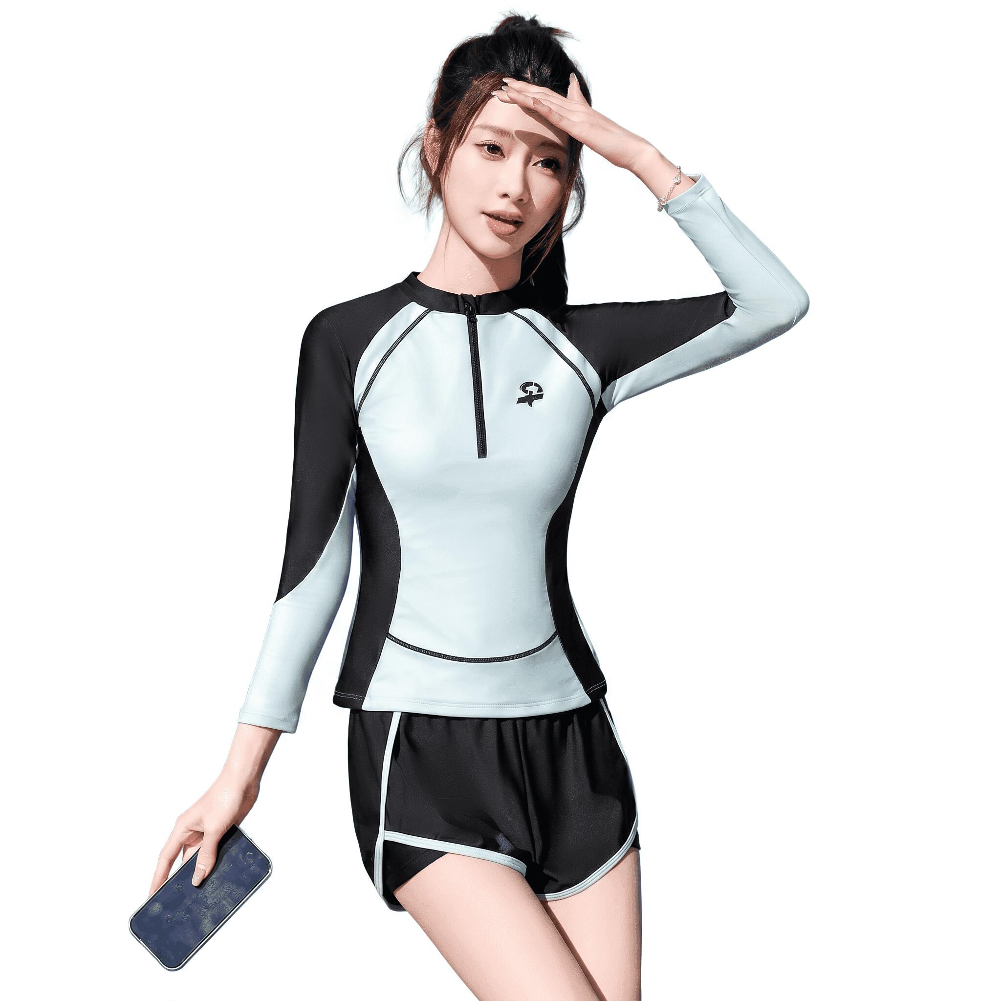 水着 レディース ラッシュガード セパレート 長袖 前開き ジッパー フィットネス 体型カバー 2点セット 短パン 露出控えめ 動きやすい 速乾 紫外線対策 スポーティー マリンスポーツ 海 プール｜Nartooston