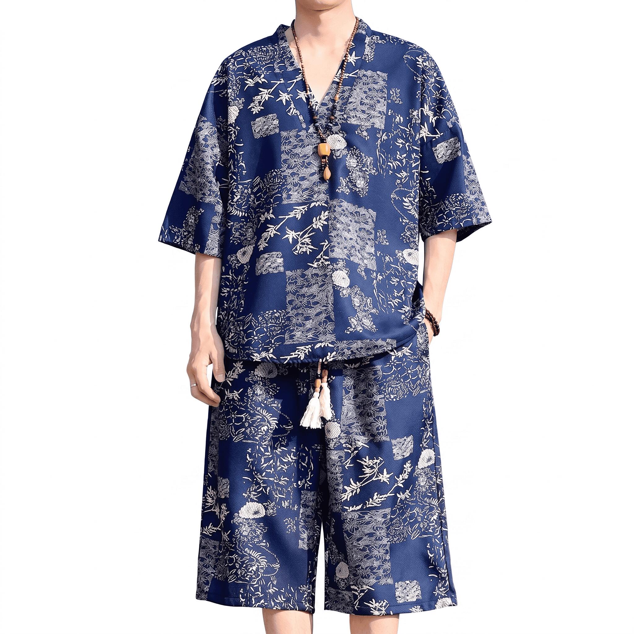 セットアップ メンズ 夏服 中華風 上下セット 半袖トップス ワイドパンツ 水墨画風 亜麻 涼しい 綿麻 チャイナ服 大きいサイズ 民族衣装 部屋着 リラックス ゆったり カジュアル 和風 七分丈 ル｜Nartooston