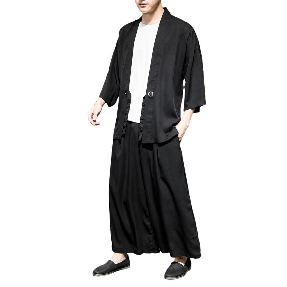 【冷感セットアップ】 漢服 メンズ 羽織 ワイドパンツ 上下セット 接触冷感 アイスシルクタッチ 七分袖 涼しい チャイナ服 中国風 民族衣装 ズボン 袴パンツ サルエルパンツ ひんやり 速乾 薄手 ゆったり 体型カバー 大きいサイズ 無地 モード系 部屋着 ルームウェア｜Nartooston