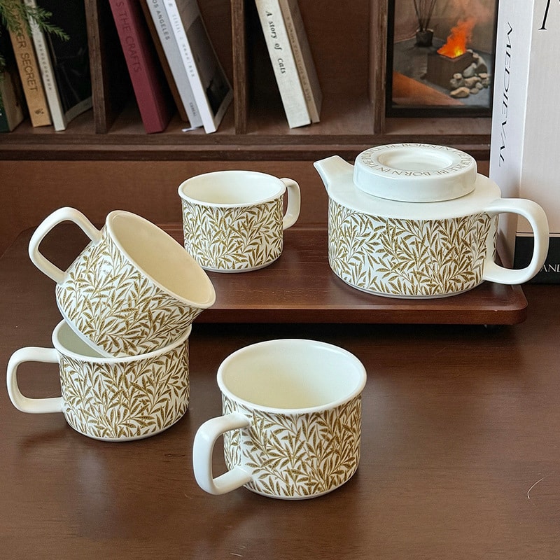 【差し上げ物BOX付】 ティーセット ティーポット コップ 5点仕掛ける 瀬戸もの 急須 珈琲優勝杯 食器仕掛ける 北欧 レトロ ボタニカル 岩礁柄 ウィリアムモリス風 瀬戸もの 今めかしい 愛くるしげ ヴィンテージ 連合王国風 アンティーク調 草木柄 麦の穂 一緒になる祝賀会 引っ越し祝賀会 生まれ落ちる日