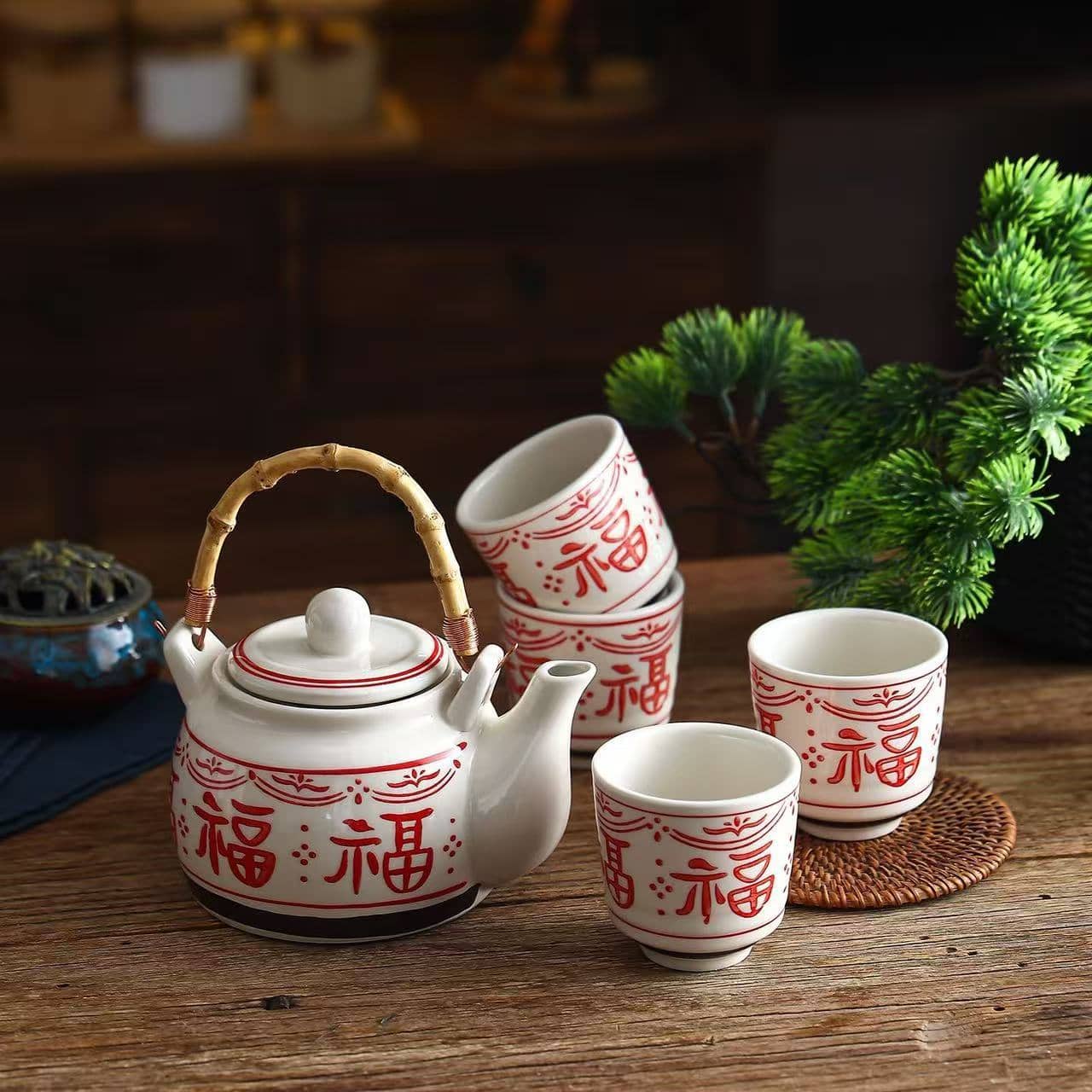 【記号の好いたらしい福の字】 茶器書き割り 急須書き割り ティーセット 中国茶器 5点書き割り 瀬戸もの 湯呑み 4客 急須 1個 竹手 つる付き添い人 ポット ティーポット 中華風 アジアン レトロ アンティーク 茶の葉装置 煎茶御先棒 茶道具 湯のみ 茶碗 湯飲み 水呑み 食器 お客さん用 おもてなし