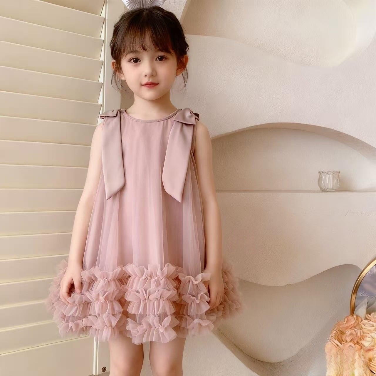 ワンピース 女の子 発表会 結婚式 子供 チュール リボン かわいい オシャレ シフォン ふわふわ ボリューム チュチュ 柔らかい こども キッズ 記念撮影 パーティー お呼ばれ 誕生日 ドレス