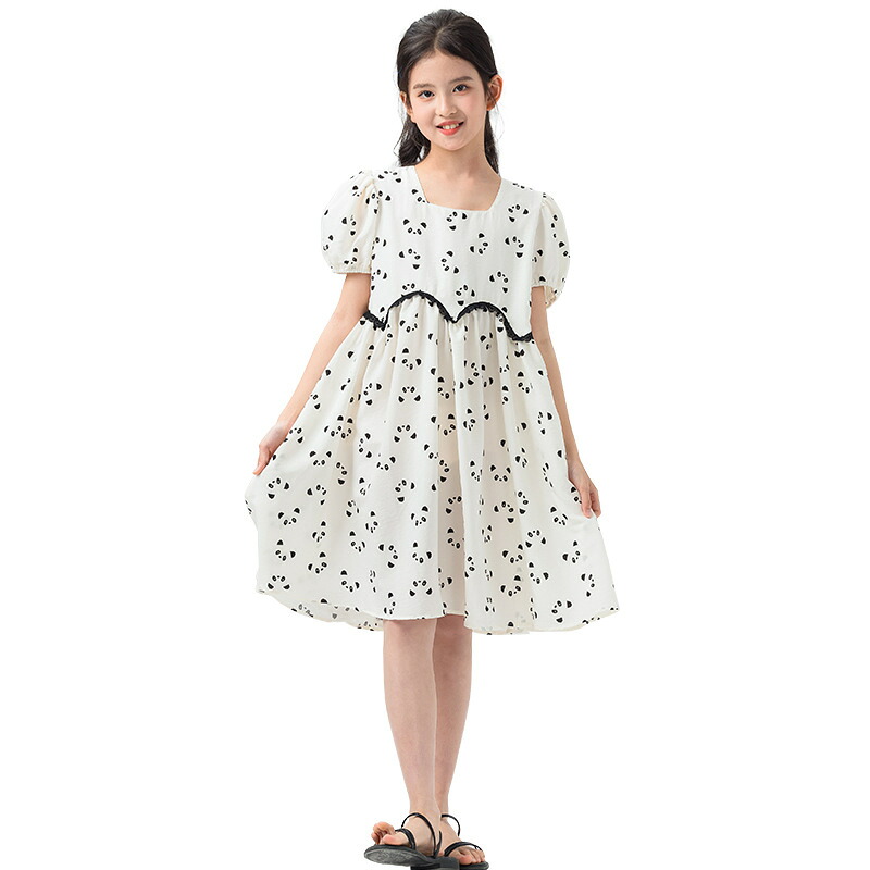 ワンピース 女の子 キッズ 子供服 パンダ柄 パフスリーブ スクエアネック Aライン 膝丈 フレア 総柄 カジュアル 夏服 涼しい 通園 通学 お出かけ かわいい コットン 綿 お遊戯会 発表会 プレ