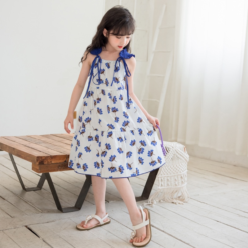 子供服 女の子 ワンピース 夏 キッズ 肩リボン ノースリーブ 花柄 ティアード サマードレス 爽やか リゾート 膝丈 背中あき プリンセス お出かけ カジュアル コットン かわいい