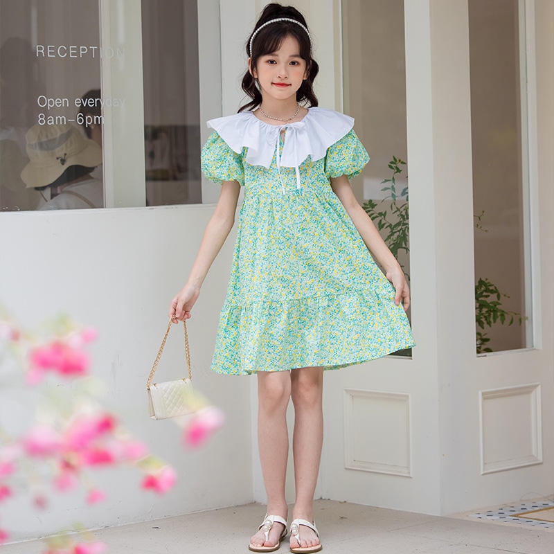 ワンピース キッズ ワンピース 子ども ワンピース ビッグカラー パフスリーブ 花柄 プリント 発表会 お出かけ 通園 通学 Aライン 春 夏 秋 ガールズ チュニック カジュアル コットン フレア