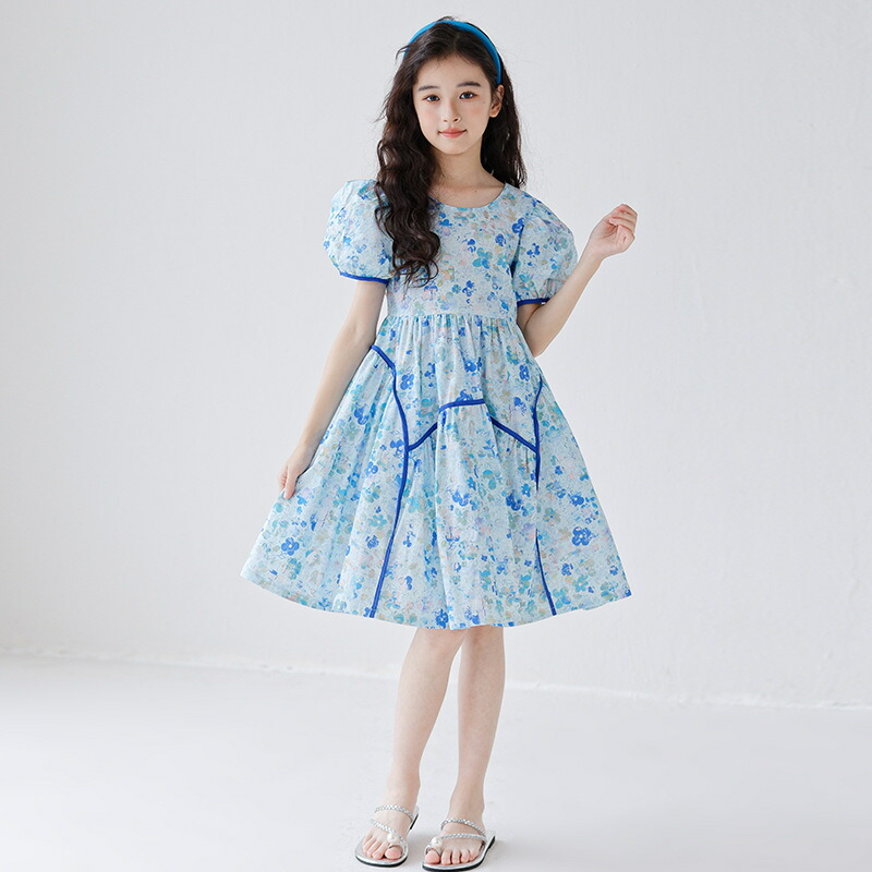 ワンピース 女の子 子供服 半袖 花柄 パフスリーブ フレア 膝丈 キッズ ジュニア 夏 小学生 カジュアル お出かけ かわいい ふんわり さらさら 涼しい 普段着 通学 プリンセス 上品 清楚 爽や