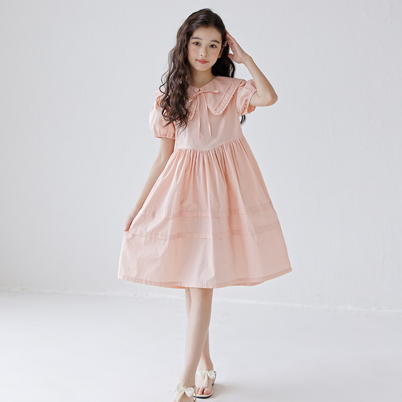 女の子 ワンピース 子供ドレス ビッグカラー フリル レース パフスリーブ Aライン 夏休み お出かけ 結婚式 発表会 キッズ 幼児 春夏 普段着 おしゃれ 膝丈 清楚 ピアノ発表会 フォーマル ふん