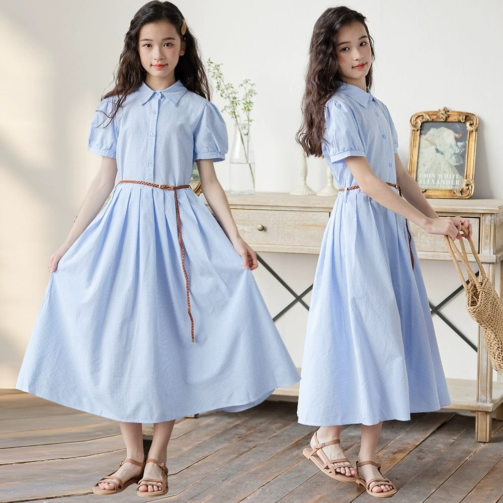 子供服 女の子 ワンピース ギンガムチェック シャツワンピース 半袖 パフスリーブ 襟付き ロング丈 フレア 夏服 カジュアル 清楚 お出かけ 通学 ジュニア キッズ 学院風