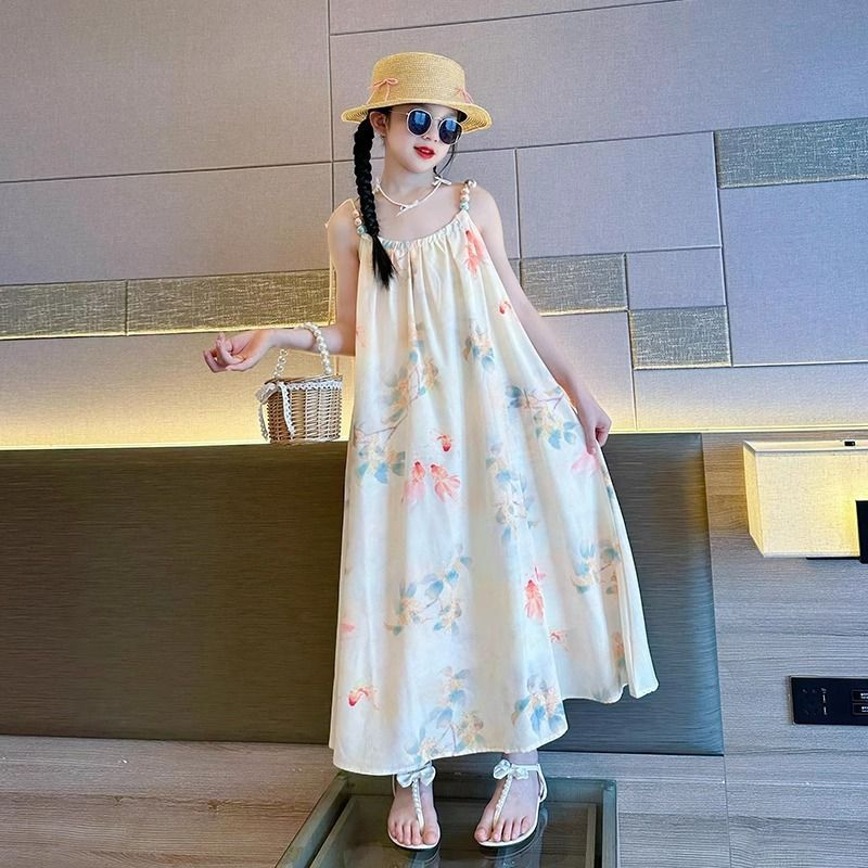 キッズワンピース 子供服 夏服 女の子 マキシ丈 キャミソールワンピース 花柄 ゆったり 涼しい ボヘミアン 旅 海辺 リゾート ワンピース 可愛い ドレス 通学 通園 普段着 お出かけ ガールズ カ