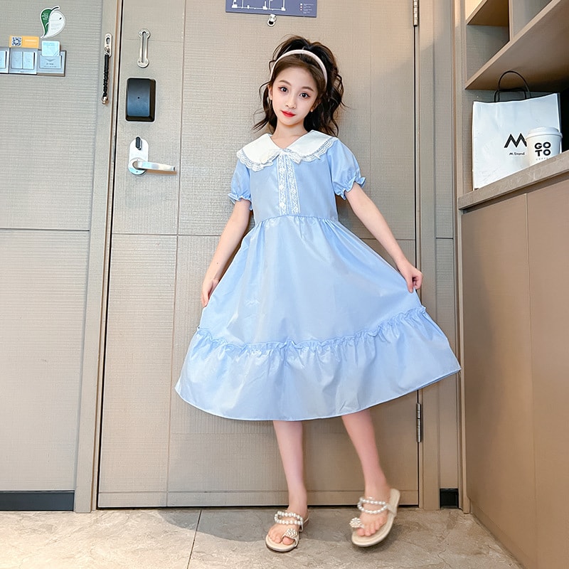 子供服 ワンピース レース襟 半袖 プリツスカート ワンピ 女の子 幼児 夏服 カジュアル 発表会 通園 通学 入学式 モデル 撮影 お姫様 膝丈 清楚 可愛い フェミニン ガーリー フレア フリル