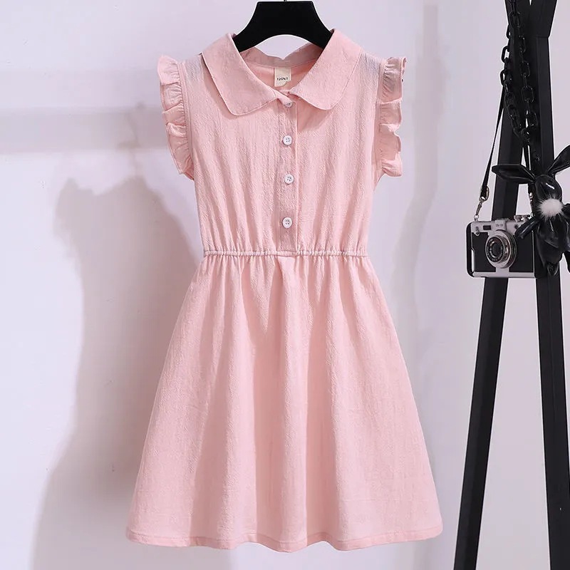 女の子 ワンピース ワンピース 女の子 子供服 半袖 襟付き フリルスリーブ シャツワンピース シンプル カジュアル 夏 夏物 普段着 お出かけ 着心地 通気性 吸汗 速乾 柔らかい 清潔感 可愛い