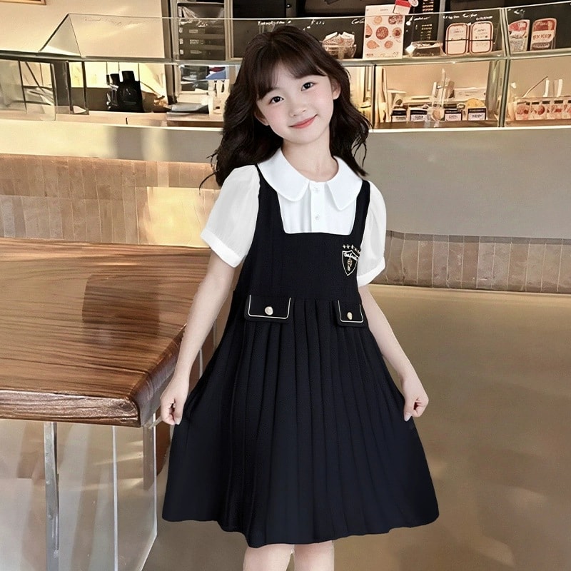 女の子 ワンピース 子供服 襟付き ジャンパースカート風 半袖 プリーツスカート 発表会 入学式 卒園式 フォーマル ジュニア カジュアル スクール 制服風 お嬢様 清潔感 おしゃれ かわいい 通学